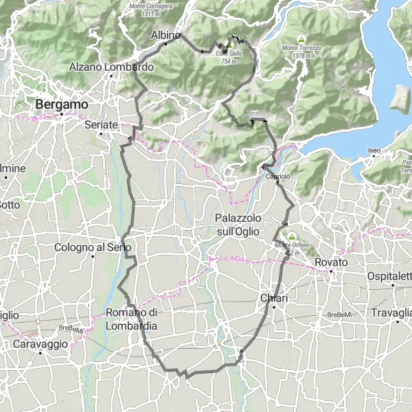 Miniatura della mappa di ispirazione al ciclismo "Giro in bicicletta da Abbazia a Colle Gallo" nella regione di Lombardia, Italy. Generata da Tarmacs.app, pianificatore di rotte ciclistiche