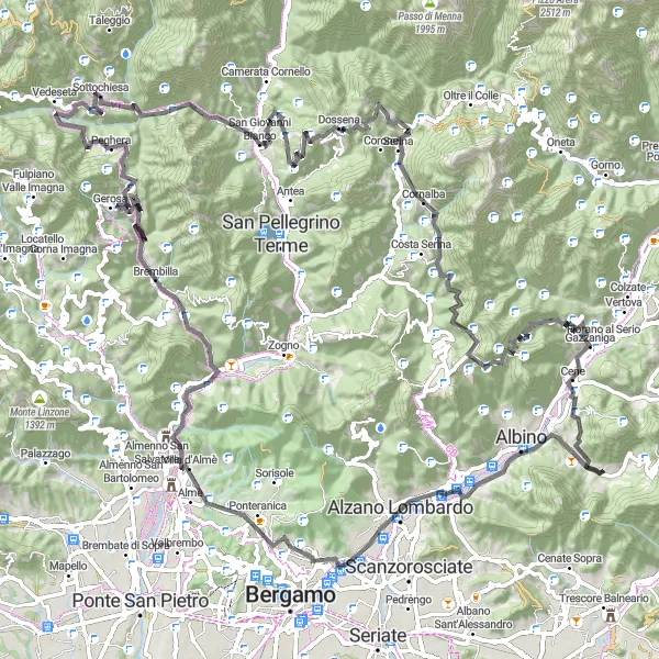 Mapa miniatúra "Adrenalínová cyklotrasa Lombardie" cyklistická inšpirácia v Lombardia, Italy. Vygenerované cyklistickým plánovačom trás Tarmacs.app