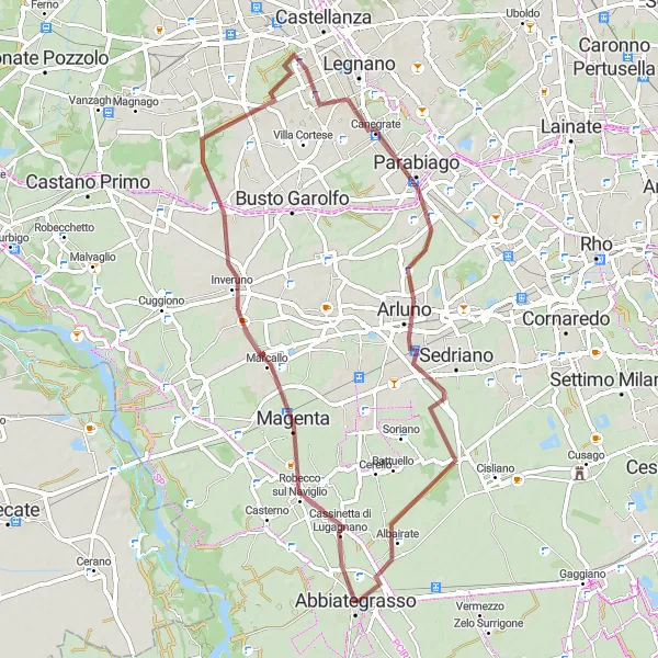Zemljevid v pomanjšavi "Makadamsko kolesarjenje v okolici Abbiategrassa" kolesarske inspiracije v Lombardia, Italy. Generirano z načrtovalcem kolesarskih poti Tarmacs.app