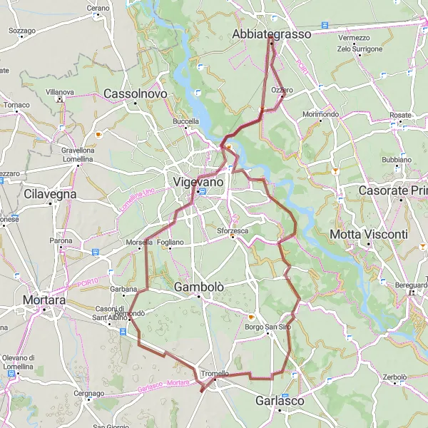 Mapa miniatúra "Gravelová cyklotrasa okolo Abbiategrasso" cyklistická inšpirácia v Lombardia, Italy. Vygenerované cyklistickým plánovačom trás Tarmacs.app