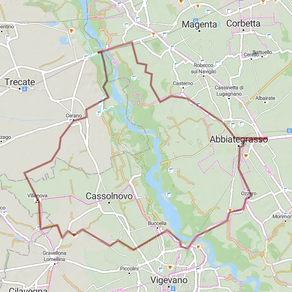 Zemljevid v pomanjšavi "Ruta skozi Abbiategrass in okolico" kolesarske inspiracije v Lombardia, Italy. Generirano z načrtovalcem kolesarskih poti Tarmacs.app