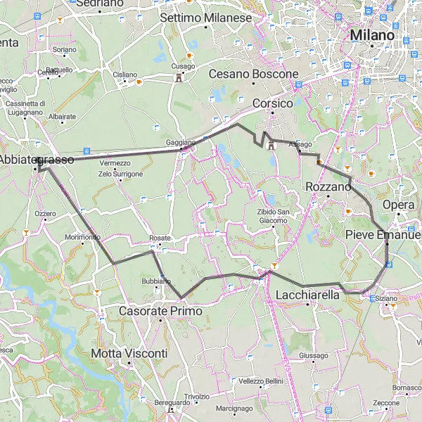 Kartminiatyr av "Historisk rute til Pieve Emanuele" sykkelinspirasjon i Lombardia, Italy. Generert av Tarmacs.app sykkelrutoplanlegger