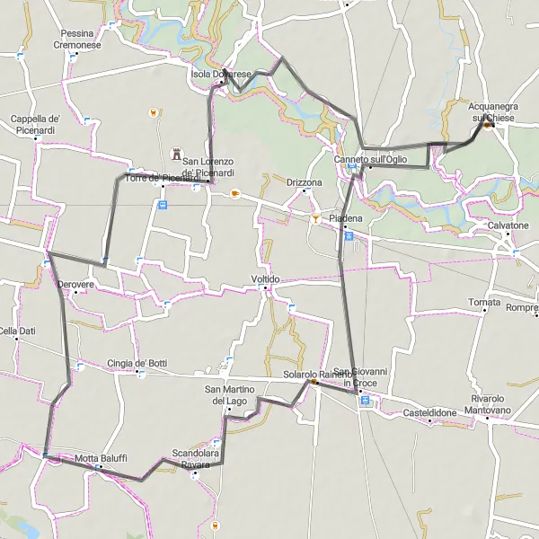 Map miniature of "Piadena to Acquanegra sul Chiese Road Cycling Adventure" cycling inspiration in Lombardia, Italy. Generated by Tarmacs.app cycling route planner