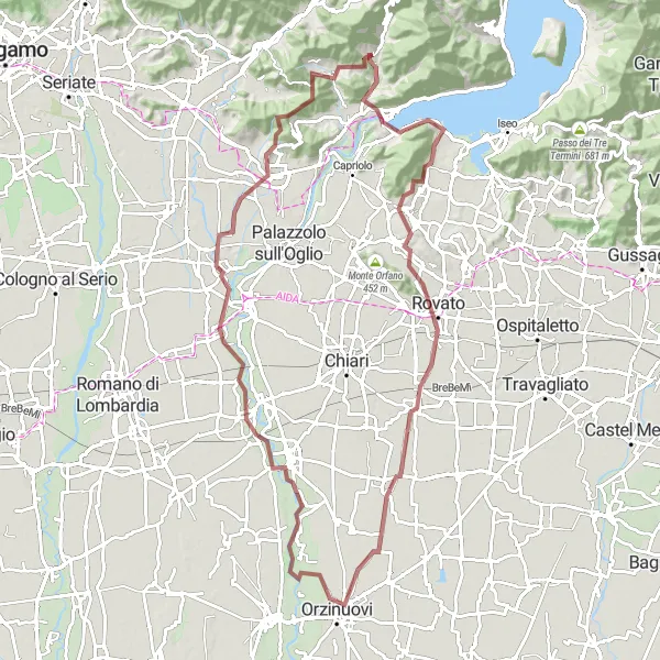 Map miniature of "Countryside Gravel Exploration" cycling inspiration in Lombardia, Italy. Generated by Tarmacs.app cycling route planner