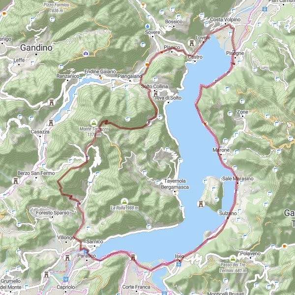 Miniatua del mapa de inspiración ciclista "Ruta por caminos de grava en Adrara San Martino" en Lombardia, Italy. Generado por Tarmacs.app planificador de rutas ciclistas
