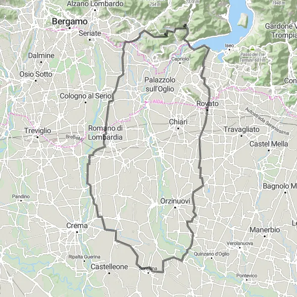 Miniatura della mappa di ispirazione al ciclismo "Magie naturali e tesori medievali in 141 km" nella regione di Lombardia, Italy. Generata da Tarmacs.app, pianificatore di rotte ciclistiche