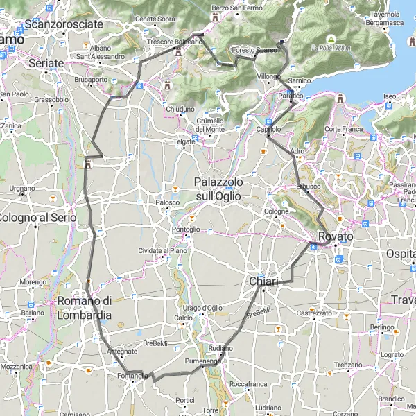Mapa miniatúra "Cyklistická trasa okolo Adrary San Martino" cyklistická inšpirácia v Lombardia, Italy. Vygenerované cyklistickým plánovačom trás Tarmacs.app