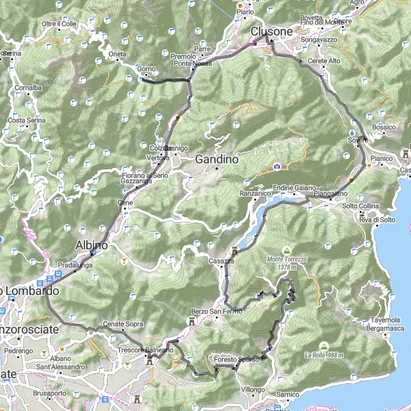 Miniaturní mapa "Cyklistická trasa kolem Adrara San Martino" inspirace pro cyklisty v oblasti Lombardia, Italy. Vytvořeno pomocí plánovače tras Tarmacs.app