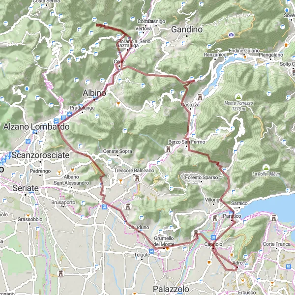Kartminiatyr av "Bergiga grusvägar runt Bergamo" cykelinspiration i Lombardia, Italy. Genererad av Tarmacs.app cykelruttplanerare