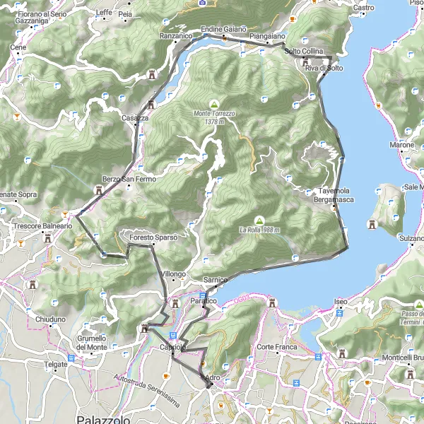 Miniature de la carte de l'inspiration cycliste "Parcours panoramique autour d'Adro" dans la Lombardia, Italy. Générée par le planificateur d'itinéraire cycliste Tarmacs.app