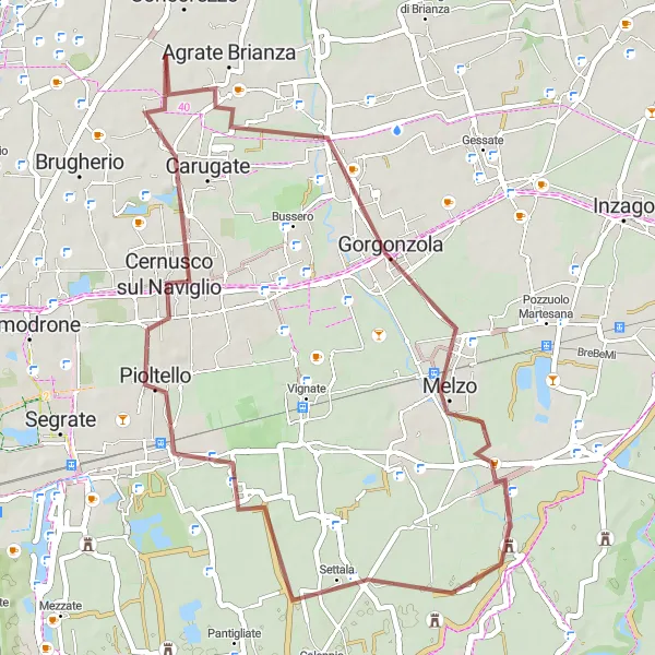 Map miniature of "Gravel Route around Agrate Brianza" cycling inspiration in Lombardia, Italy. Generated by Tarmacs.app cycling route planner