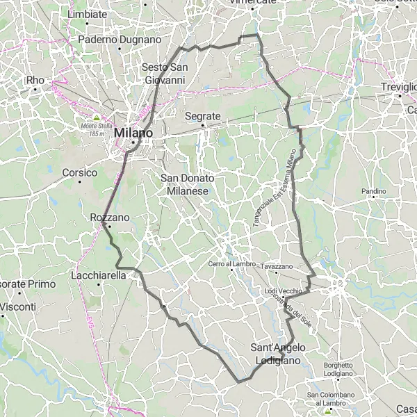 Mapa miniatúra "Cestná cyklotrasa cez Zelo Buon Persico a Milan" cyklistická inšpirácia v Lombardia, Italy. Vygenerované cyklistickým plánovačom trás Tarmacs.app