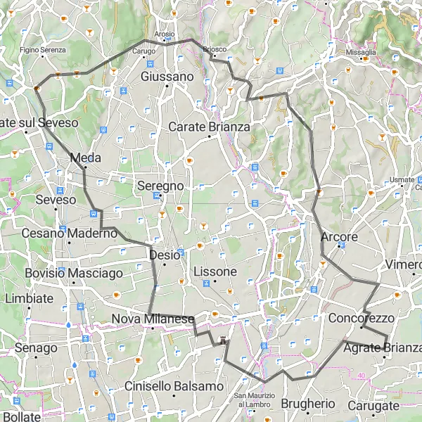 Karten-Miniaturansicht der Radinspiration "Radtour durch Meda und Briosco" in Lombardia, Italy. Erstellt vom Tarmacs.app-Routenplaner für Radtouren