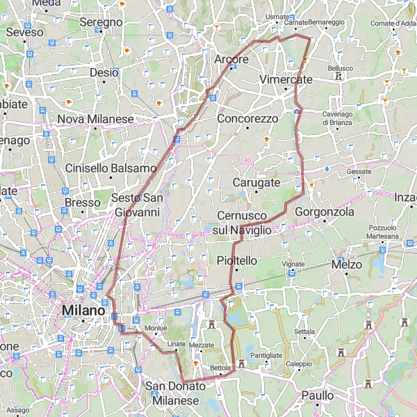 Miniatua del mapa de inspiración ciclista "Ruta de ciclismo de grava de Vimercate a Carnate" en Lombardia, Italy. Generado por Tarmacs.app planificador de rutas ciclistas