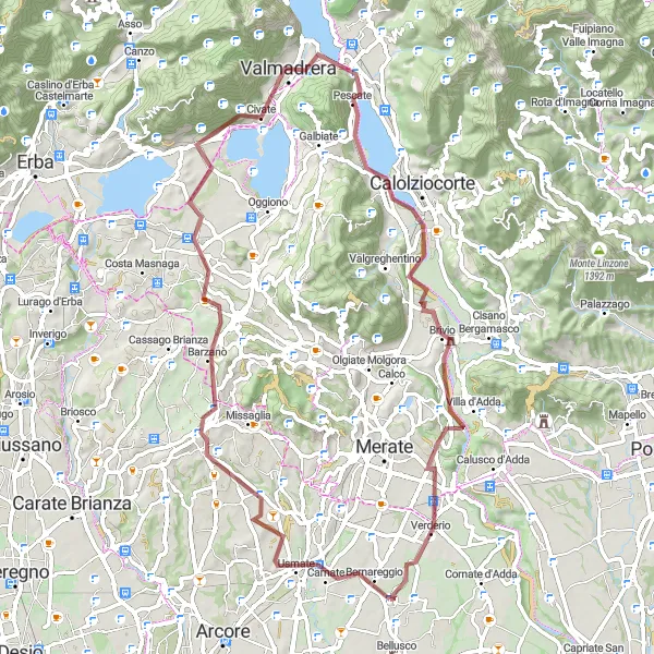 Map miniature of "Mountain Challenge: Carnate to Monte Robbio Path" cycling inspiration in Lombardia, Italy. Generated by Tarmacs.app cycling route planner