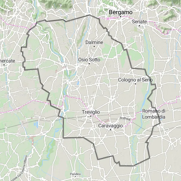 Miniatura della mappa di ispirazione al ciclismo "Passeggiata Panoramica tra Aicurzio e Cassano d'Adda" nella regione di Lombardia, Italy. Generata da Tarmacs.app, pianificatore di rotte ciclistiche