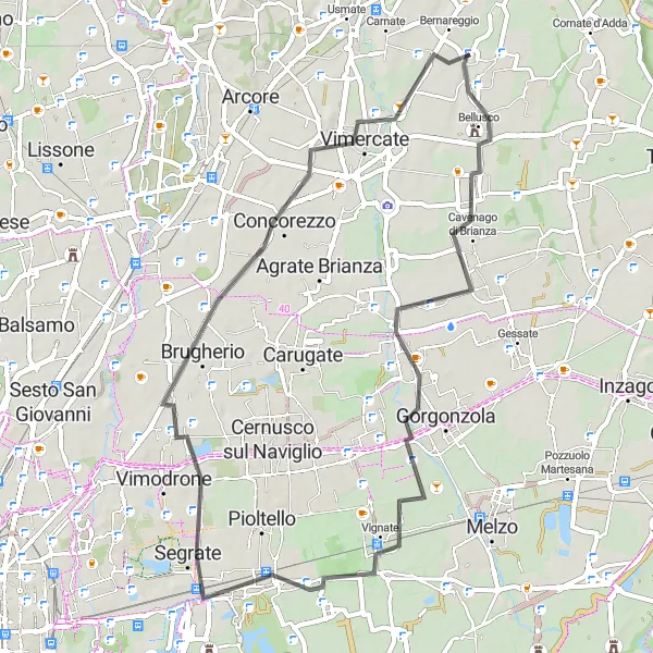 Kartminiatyr av "Sulbiate til Aicurzio Road Cycling Tur" sykkelinspirasjon i Lombardia, Italy. Generert av Tarmacs.app sykkelrutoplanlegger