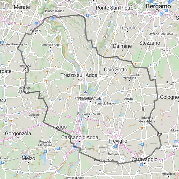 Mapa miniatúra "Výlet po Lombardii cez Monte Robbio a Caravaggio" cyklistická inšpirácia v Lombardia, Italy. Vygenerované cyklistickým plánovačom trás Tarmacs.app