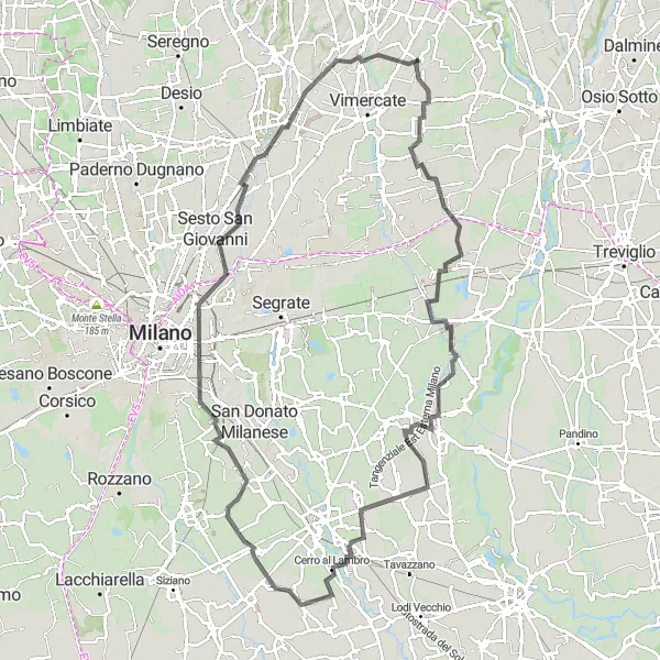 Zemljevid v pomanjšavi "Ustavite se v Monzi - krožna pot preko Paullo" kolesarske inspiracije v Lombardia, Italy. Generirano z načrtovalcem kolesarskih poti Tarmacs.app