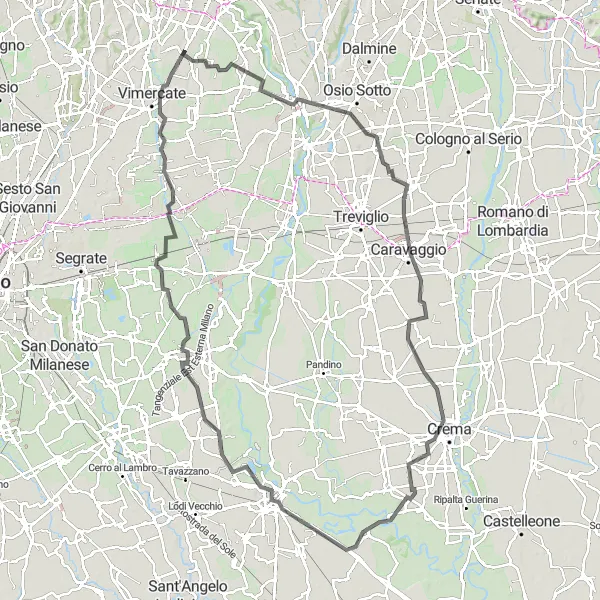 Miniatua del mapa de inspiración ciclista "Ruta de ciclismo de carretera Aicurzio - Trezzo sull'Adda - Ciserano - Caravaggio - Capergnanica - Lodi - Cervignano d'Adda - Vignate - Caponago - Aicurzio" en Lombardia, Italy. Generado por Tarmacs.app planificador de rutas ciclistas