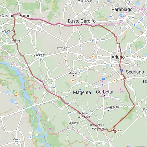 Miniatura della mappa di ispirazione al ciclismo "Cicloturismo da Albairate a Cascina Riazzolo" nella regione di Lombardia, Italy. Generata da Tarmacs.app, pianificatore di rotte ciclistiche