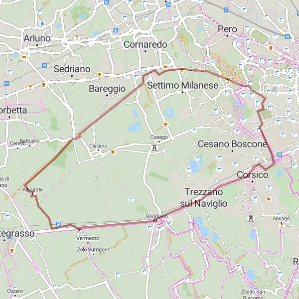 Map miniature of "Gaggiano and Ravello Gravel Adventure" cycling inspiration in Lombardia, Italy. Generated by Tarmacs.app cycling route planner