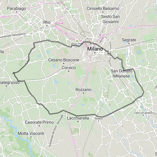 Miniatua del mapa de inspiración ciclista "Exploración en carretera por Rosate" en Lombardia, Italy. Generado por Tarmacs.app planificador de rutas ciclistas