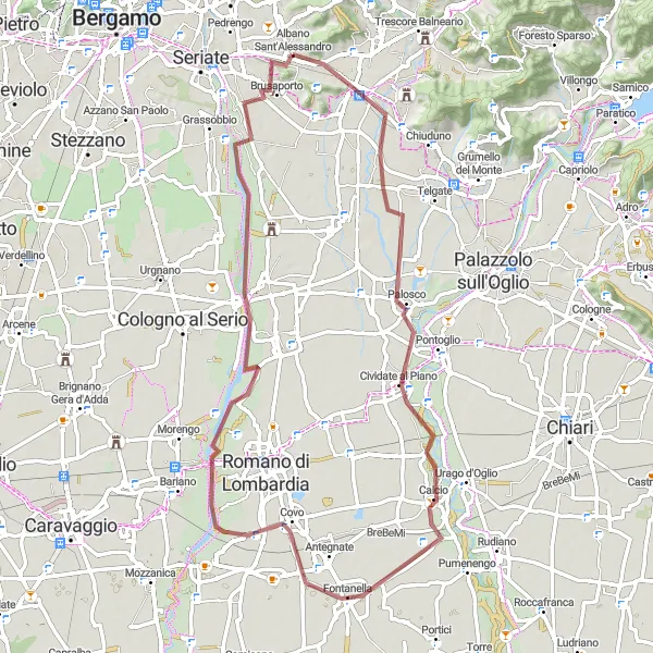 Mapa miniatúra "Gravel Bike Tour Albano Sant'Alessandro - Covo - Brusaporto" cyklistická inšpirácia v Lombardia, Italy. Vygenerované cyklistickým plánovačom trás Tarmacs.app