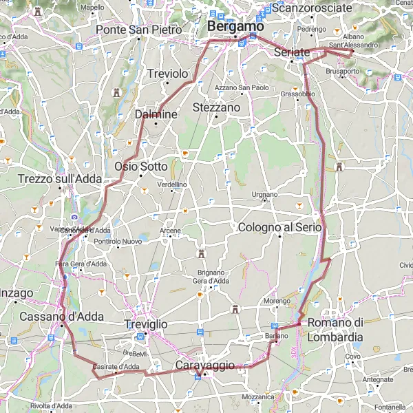 Kartminiatyr av "Grusvei sykkeltur til Grassobbio og Seriate" sykkelinspirasjon i Lombardia, Italy. Generert av Tarmacs.app sykkelrutoplanlegger
