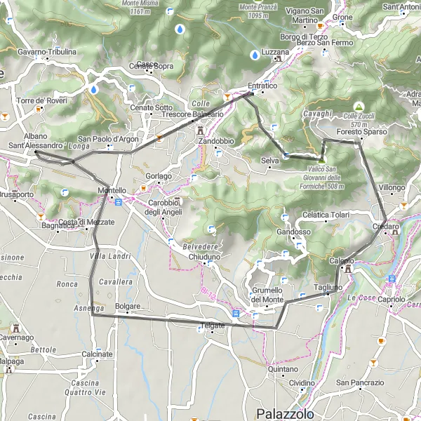 Map miniature of "Valico San Giovanni delle Formiche Loop" cycling inspiration in Lombardia, Italy. Generated by Tarmacs.app cycling route planner