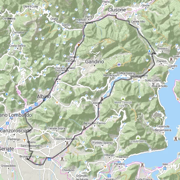 Miniaturní mapa "Cyklotrasa Albano Sant'Alessandro - Brusaporto" inspirace pro cyklisty v oblasti Lombardia, Italy. Vytvořeno pomocí plánovače tras Tarmacs.app