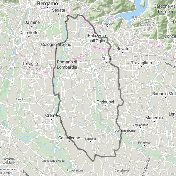 Miniatua del mapa de inspiración ciclista "Aventura en bicicleta por Brusaporto - Castello di Cavernago" en Lombardia, Italy. Generado por Tarmacs.app planificador de rutas ciclistas