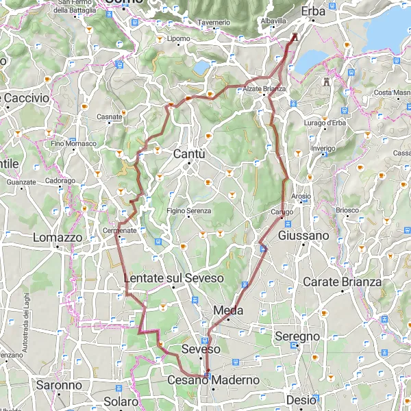 Kartminiatyr av "Grussykling rundt Albavilla" sykkelinspirasjon i Lombardia, Italy. Generert av Tarmacs.app sykkelrutoplanlegger