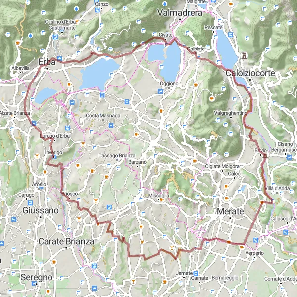 Karten-Miniaturansicht der Radinspiration "Gravel-Erkundung von Erba nach Alserio" in Lombardia, Italy. Erstellt vom Tarmacs.app-Routenplaner für Radtouren