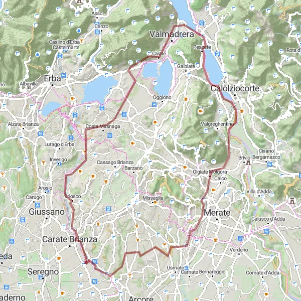 Map miniature of "Gravel Adventure through Brianza" cycling inspiration in Lombardia, Italy. Generated by Tarmacs.app cycling route planner