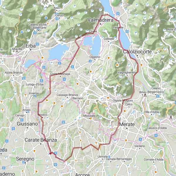 Miniatuurkaart van de fietsinspiratie "Carate Brianza-Costa Masnaga-Tre Casott-Olginate-Olgiate Molgora-Triuggio" in Lombardia, Italy. Gemaakt door de Tarmacs.app fietsrouteplanner