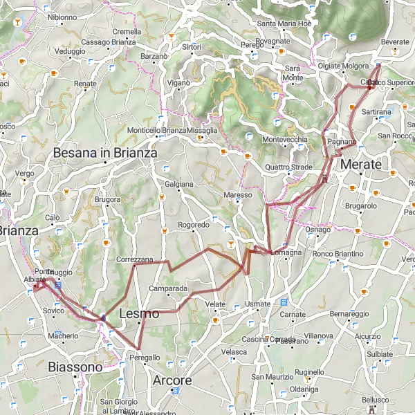 Map miniature of "Gravel Adventure to Albiate" cycling inspiration in Lombardia, Italy. Generated by Tarmacs.app cycling route planner