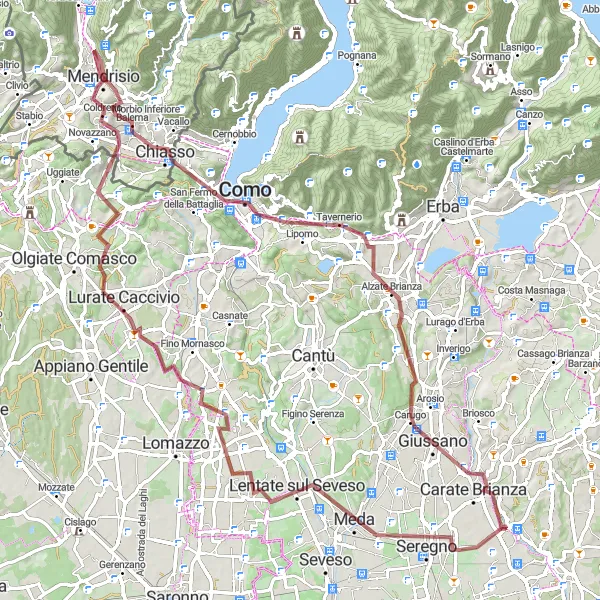 Map miniature of "Challenging Gravel Adventure to Chiasso" cycling inspiration in Lombardia, Italy. Generated by Tarmacs.app cycling route planner