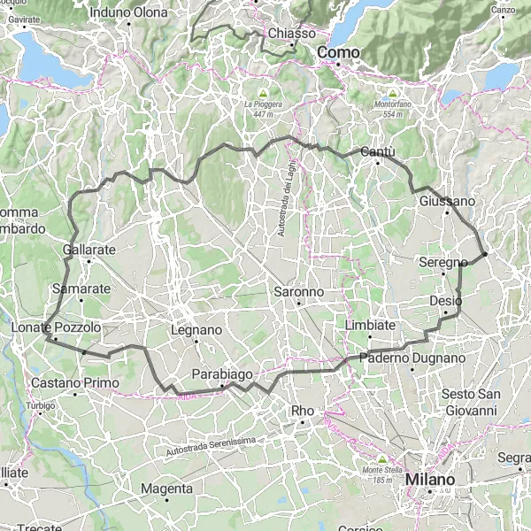Miniaturekort af cykelinspirationen "Rundtur fra Albiate til Giussano via Nova Milanese og Nerviano" i Lombardia, Italy. Genereret af Tarmacs.app cykelruteplanlægger