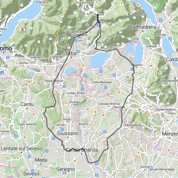 Miniatura della mappa di ispirazione al ciclismo "Percorso ciclabile da Mariano Comense a Triuggio" nella regione di Lombardia, Italy. Generata da Tarmacs.app, pianificatore di rotte ciclistiche