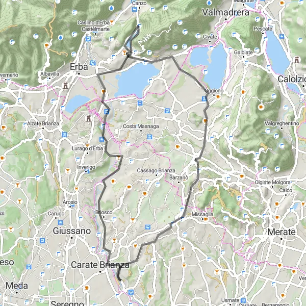 Map miniature of "Challenging Hills of Lombardia" cycling inspiration in Lombardia, Italy. Generated by Tarmacs.app cycling route planner