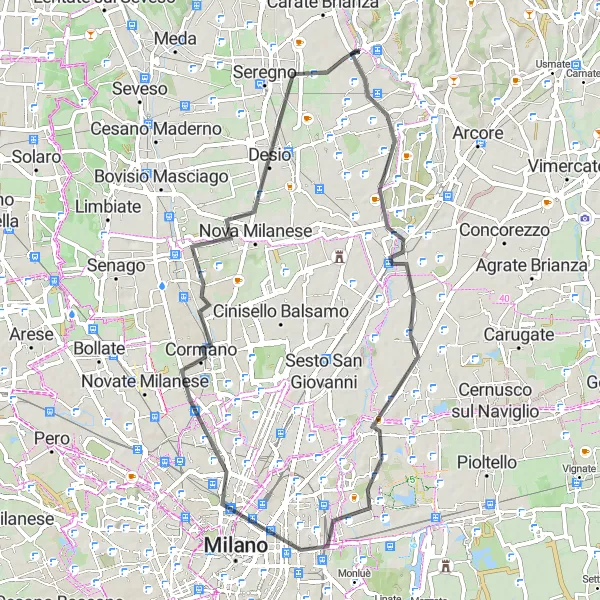 Miniaturekort af cykelinspirationen "Kulturel landevejscykelrute til Monza" i Lombardia, Italy. Genereret af Tarmacs.app cykelruteplanlægger