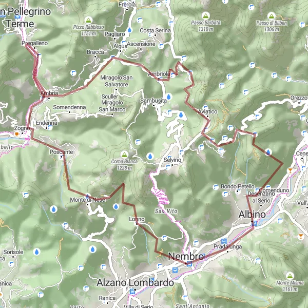 Map miniature of "Albino Gravel Loop" cycling inspiration in Lombardia, Italy. Generated by Tarmacs.app cycling route planner