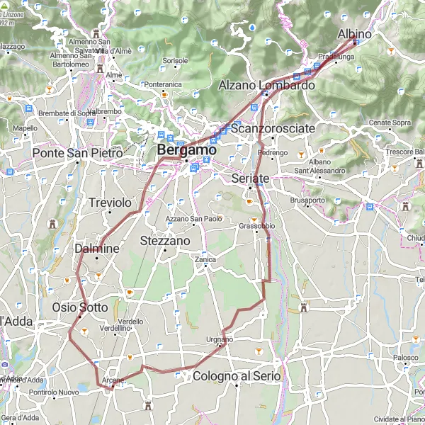 Miniatura della mappa di ispirazione al ciclismo "Giro in Gravel tra Pradalunga e Nembro" nella regione di Lombardia, Italy. Generata da Tarmacs.app, pianificatore di rotte ciclistiche