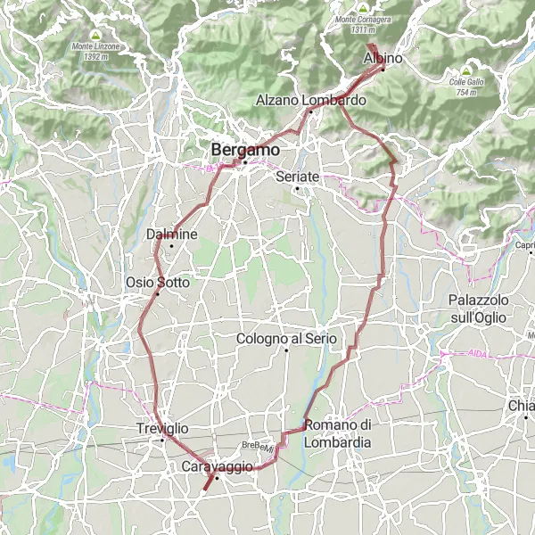 Map miniature of "Gravel Cycling Albino Loop" cycling inspiration in Lombardia, Italy. Generated by Tarmacs.app cycling route planner