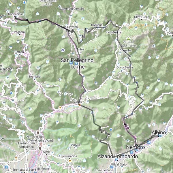 Karttaminiaatyyri "Haasteellinen Vuoristoreitti" pyöräilyinspiraatiosta alueella Lombardia, Italy. Luotu Tarmacs.app pyöräilyreittisuunnittelijalla
