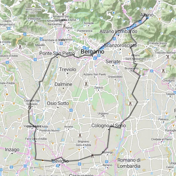 Map miniature of "Road Cycling Loop Near Albino" cycling inspiration in Lombardia, Italy. Generated by Tarmacs.app cycling route planner