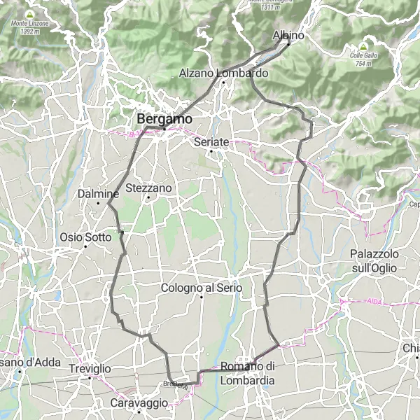 Miniaturní mapa "Silniční okruh kolem Albino" inspirace pro cyklisty v oblasti Lombardia, Italy. Vytvořeno pomocí plánovače tras Tarmacs.app