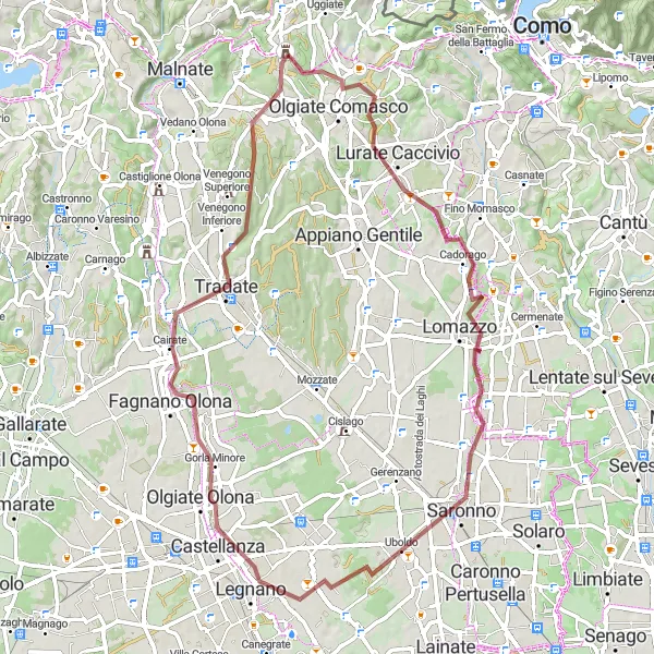 Miniaturekort af cykelinspirationen "Grusvej cykelrute til Uboldo og Cairate" i Lombardia, Italy. Genereret af Tarmacs.app cykelruteplanlægger