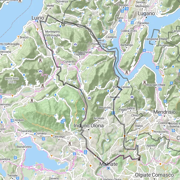 Miniatura della mappa di ispirazione al ciclismo "Percorso in bicicletta da Albiolo attraverso Malnate, Monte Monarco e Brusimpiano" nella regione di Lombardia, Italy. Generata da Tarmacs.app, pianificatore di rotte ciclistiche